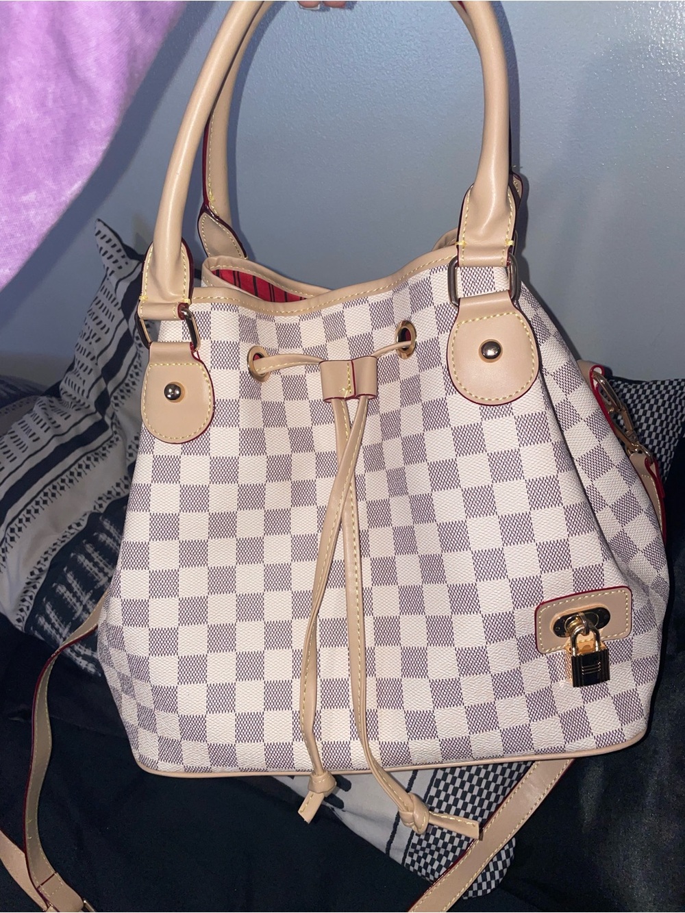Beige Checkered Drawstring Tote Bag